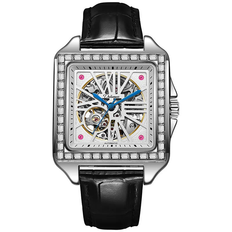 Square automatic watch for men with diamonds on dial, on black steel bracelet