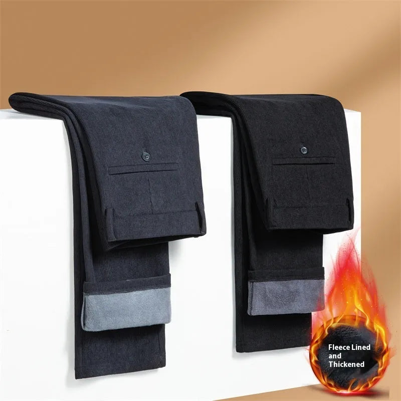 Men's fleece-lined casual trousers in black, thickened for winter, mid waist zip fly, size 34
