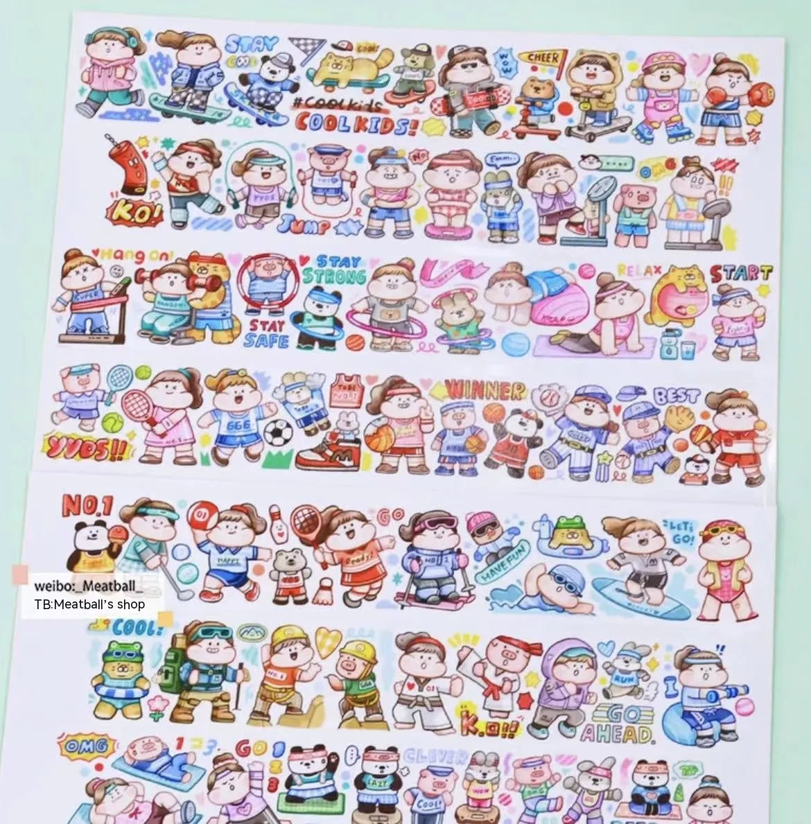 Sheet of cute cartoon character stickers for haemorrhoid tape packaging on Japanese paper.