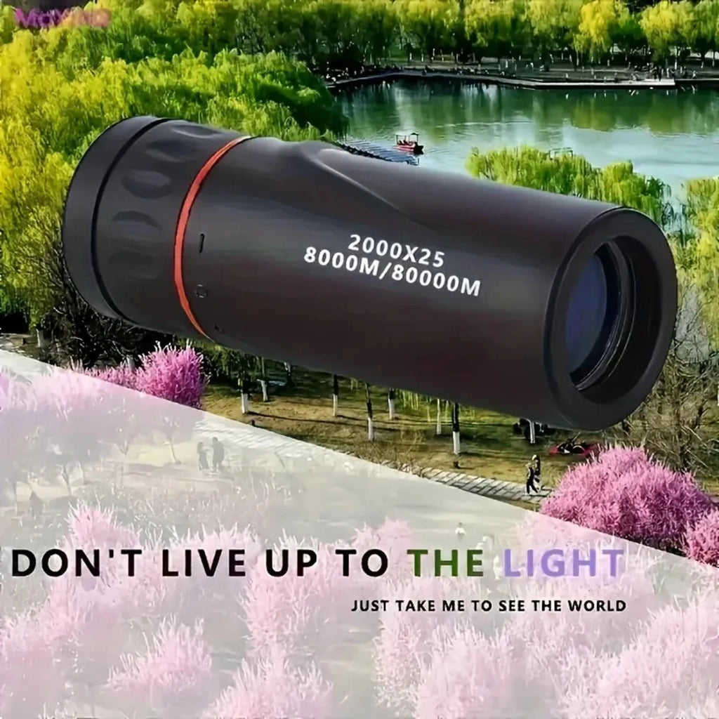 Black portable monocular telescope with a mobile phone holder attached