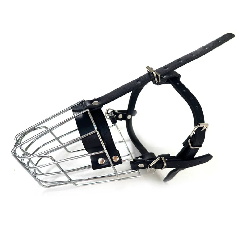 Black metal mesh dog muzzle designed for Golden Retrievers and German Shepherds on a grey background