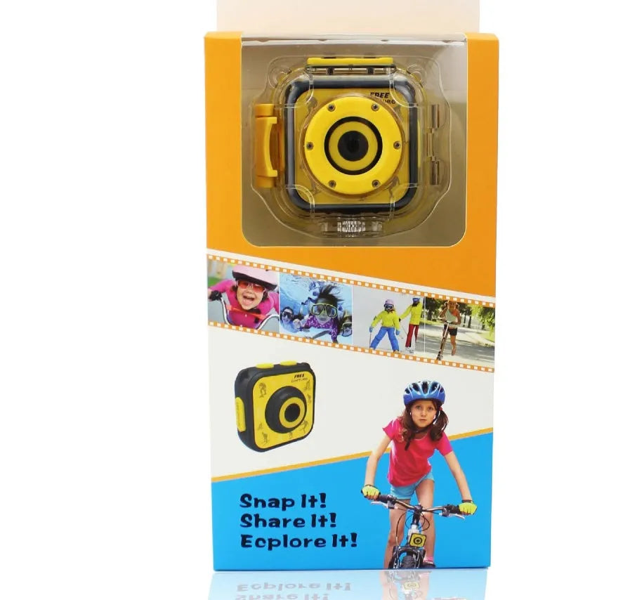Yellow children's waterproof sports camera showing front with lens and 1.77-inch LCD screen
