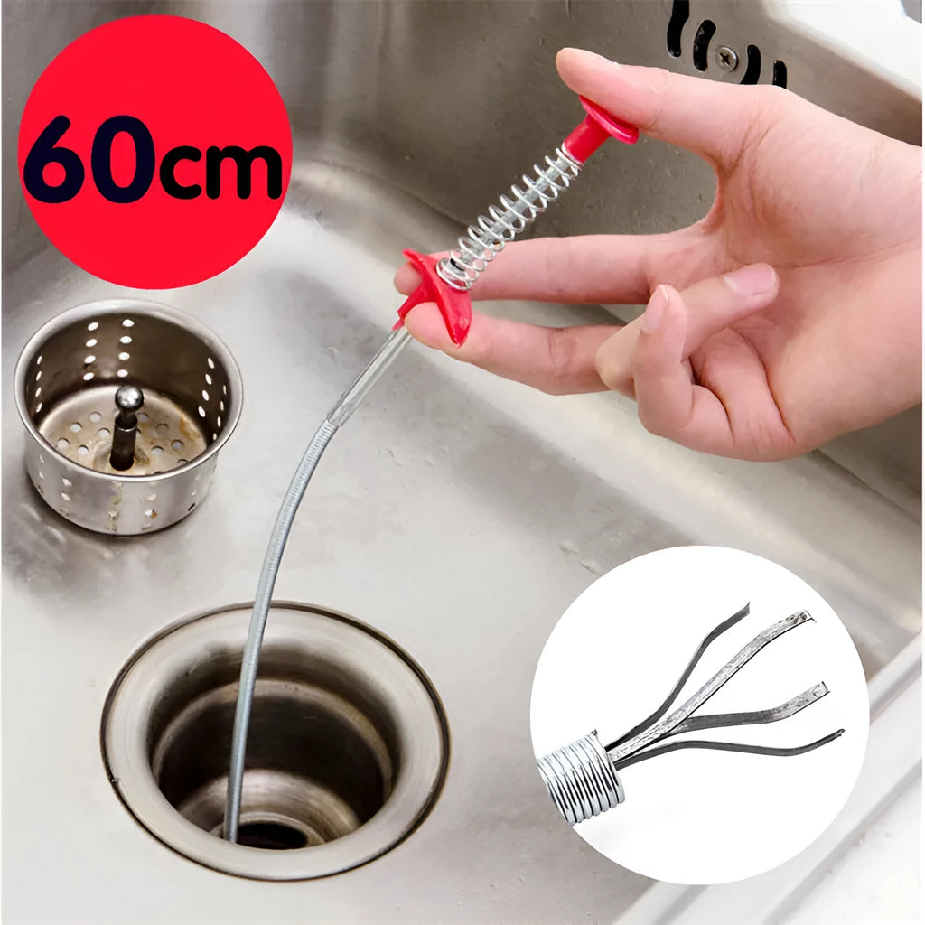 Black sewer dredger spring drain cleaning tool with handle and coiled end for pipe unclogging.
