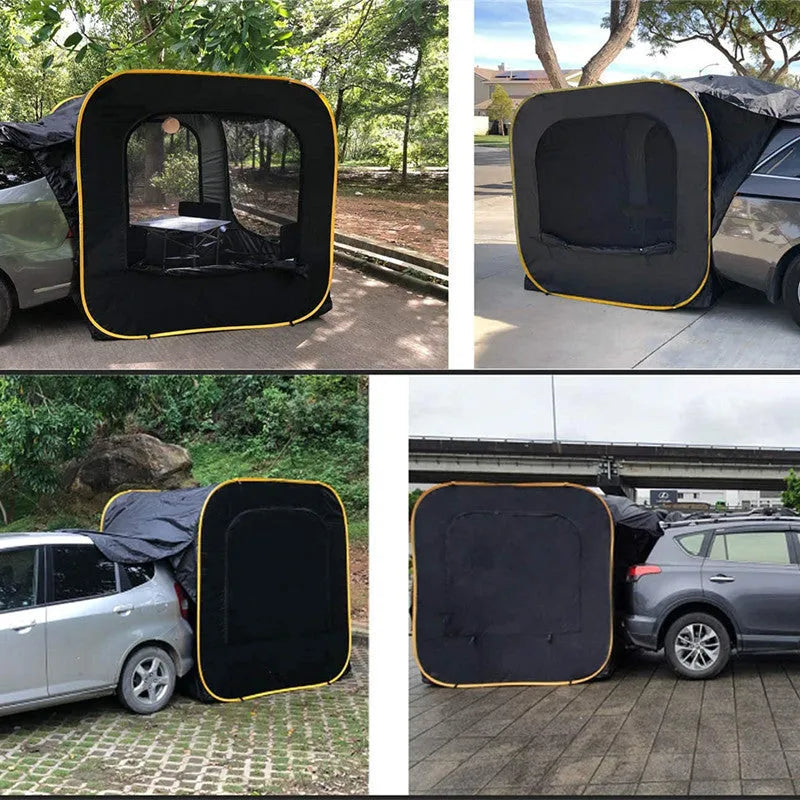 Black pop-up car tailgate tent with steel frame unfolded to 200cm dimensions