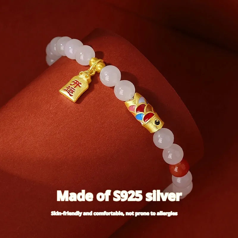 S925 sterling silver bracelet with cold enamel detailing and 6mm natural Hetian jade koi fish charm