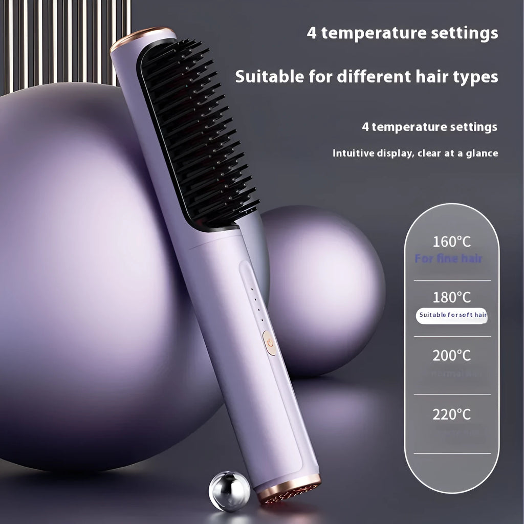 Wireless straight comb in dark grey, rose gold, or rosemary violet colours for cordless hair styling