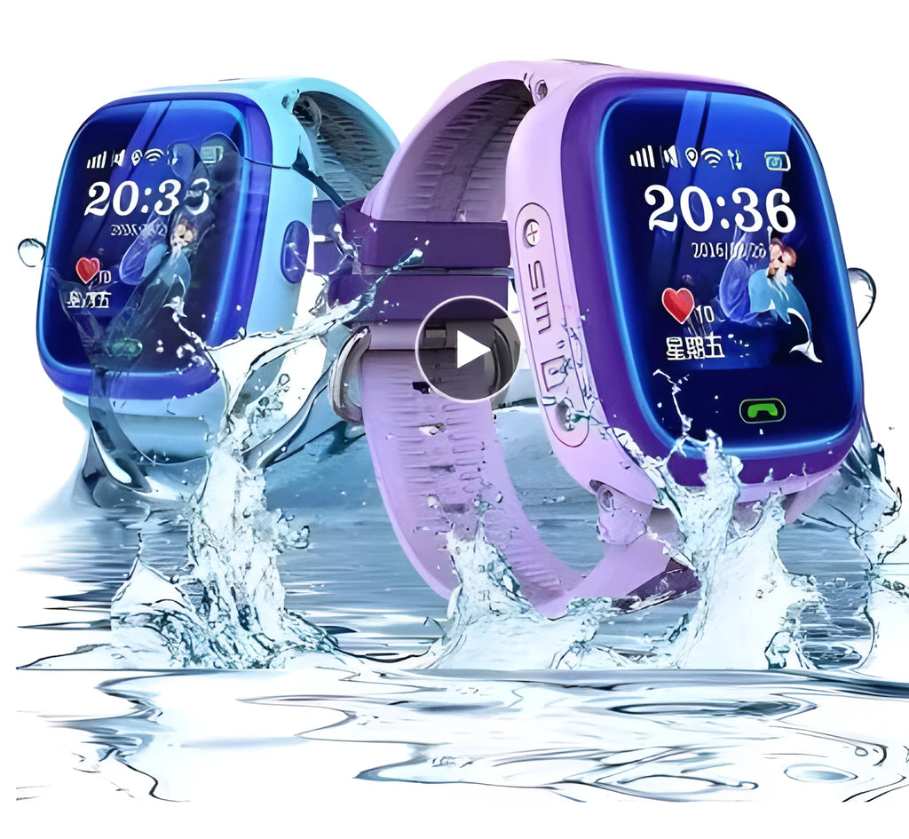 Blue and purple children's waterproof smart watch with touch screen on a silicone wristband.