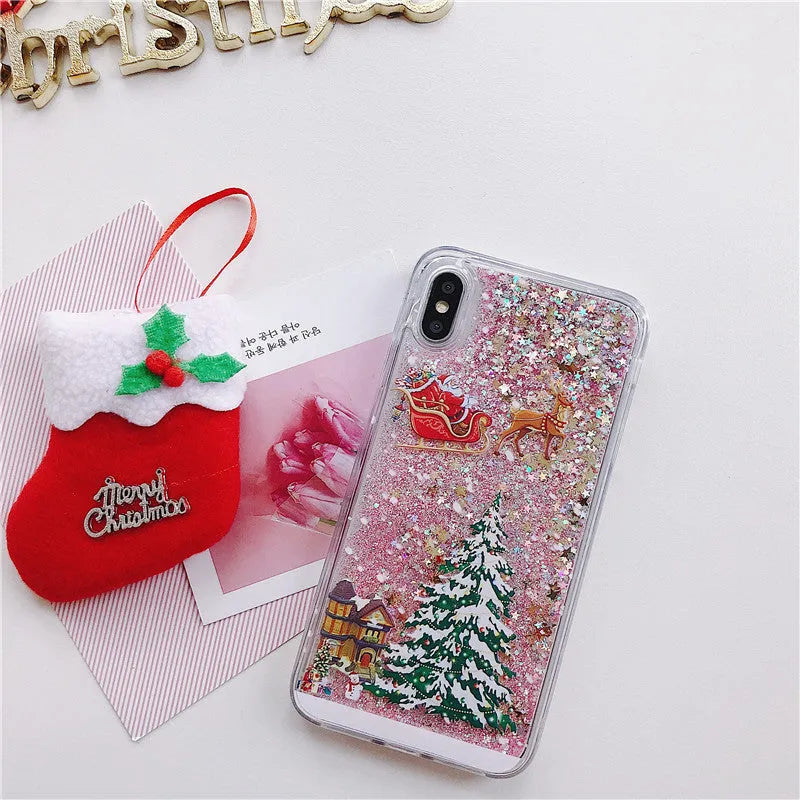 Transparent quicksand effect phone case with Santa Claus and Christmas tree design for iPhone and Samsung