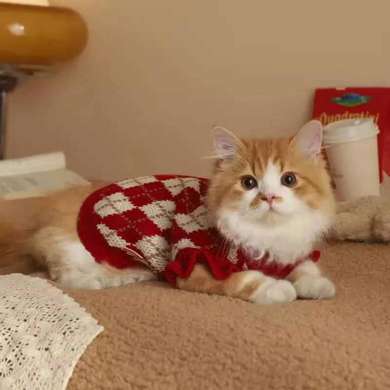 Red cat sweater with embroidered cherry pattern showing size chart for XS to XL.