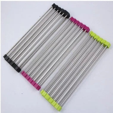 Foldable stainless steel kitchen drain rack with coloured plastic tubes for drying utensils