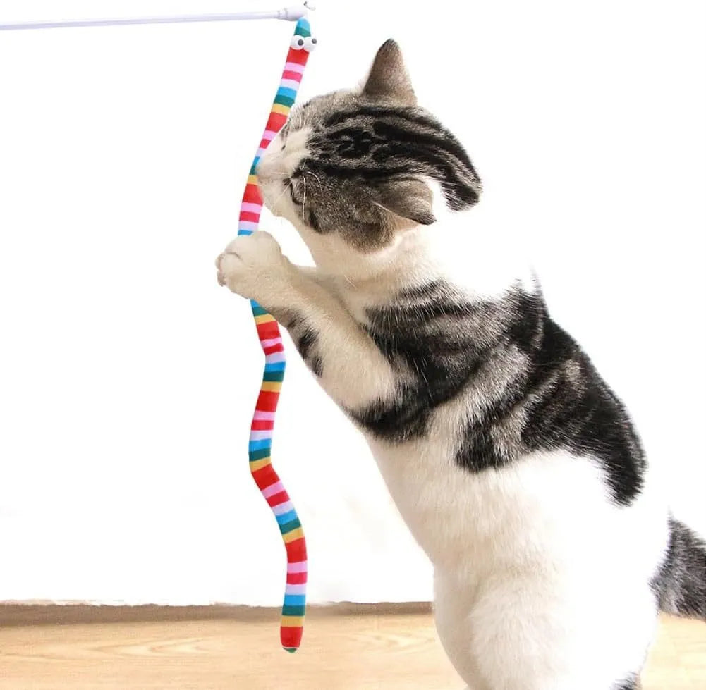 Cat wand teaser toy with colourful plush strip and bell on a polycarbonate pole.
