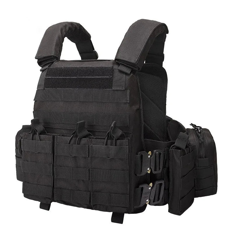Men's camouflage tactical vest in army green, made from wear-resistant polyester fabric.