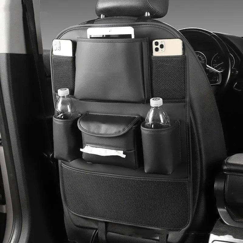 Genuine leather car seat back storage bag hanging from vehicle seat
