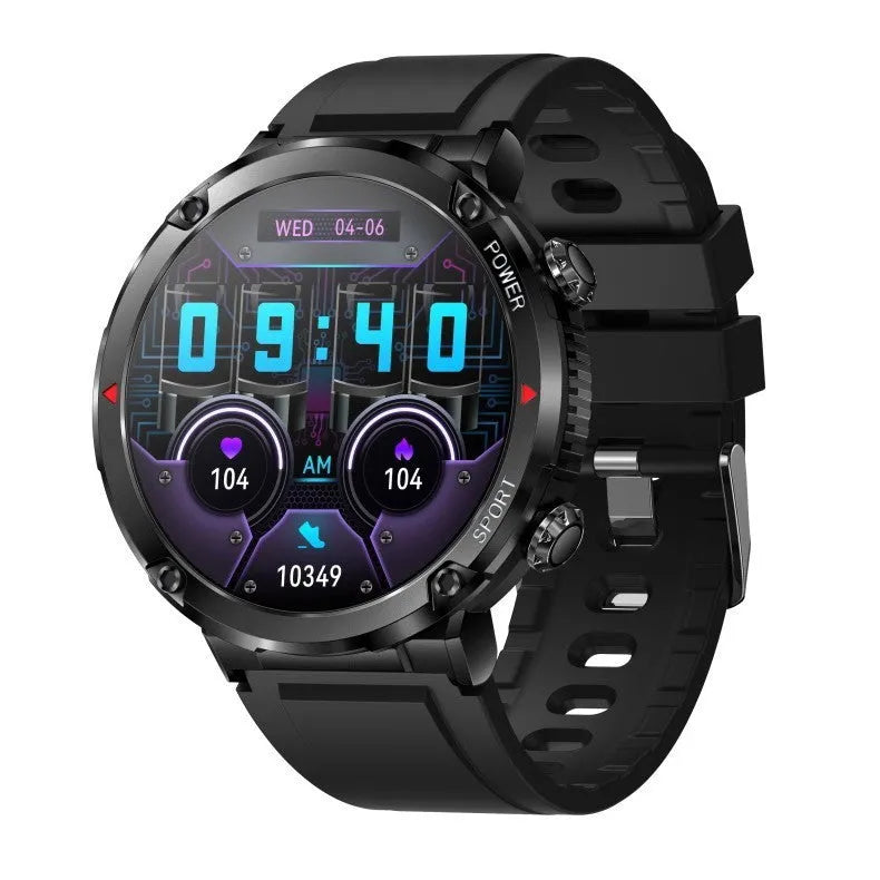 T30 Smart Watch in black on a wrist, showing its IPS touchscreen display and silicone strap.