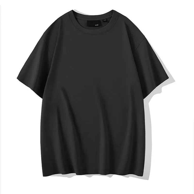Men's cotton round neck casual T-shirt in solid colour with drop-shoulder sleeves