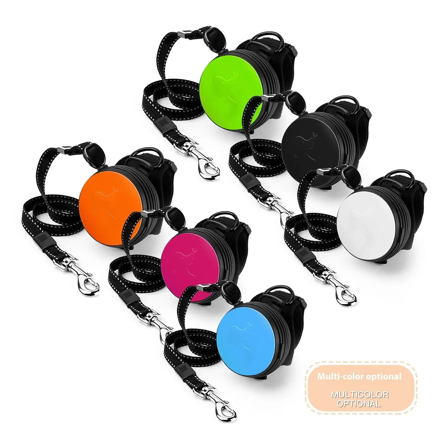 Automatic retractable dog leash showing 3 metre extension with six colour options available