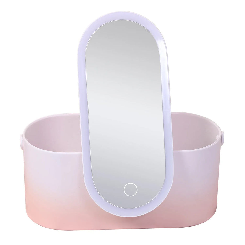 Pink gradient portable LED makeup mirror storage box open to show organisers and mirror