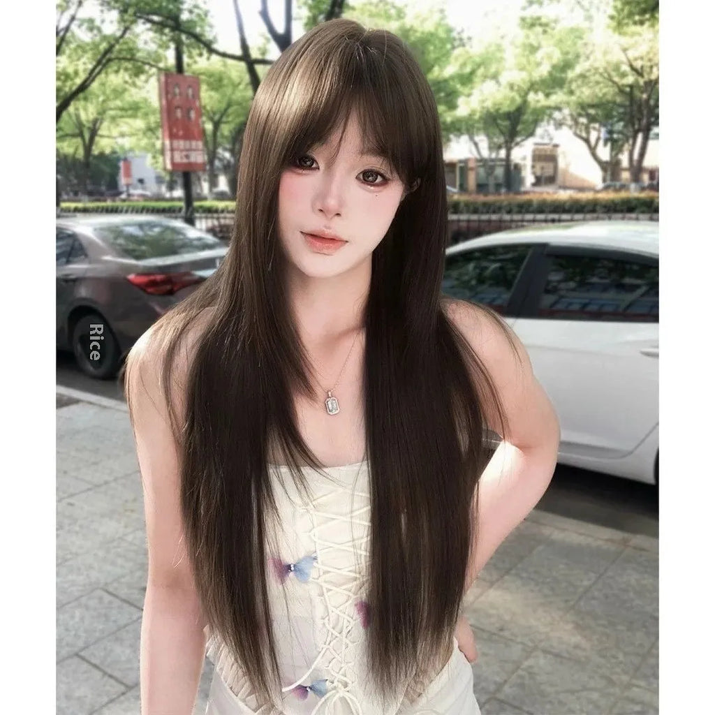 Brown black synthetic wig with black tea simulation treatment and wear-free hair net