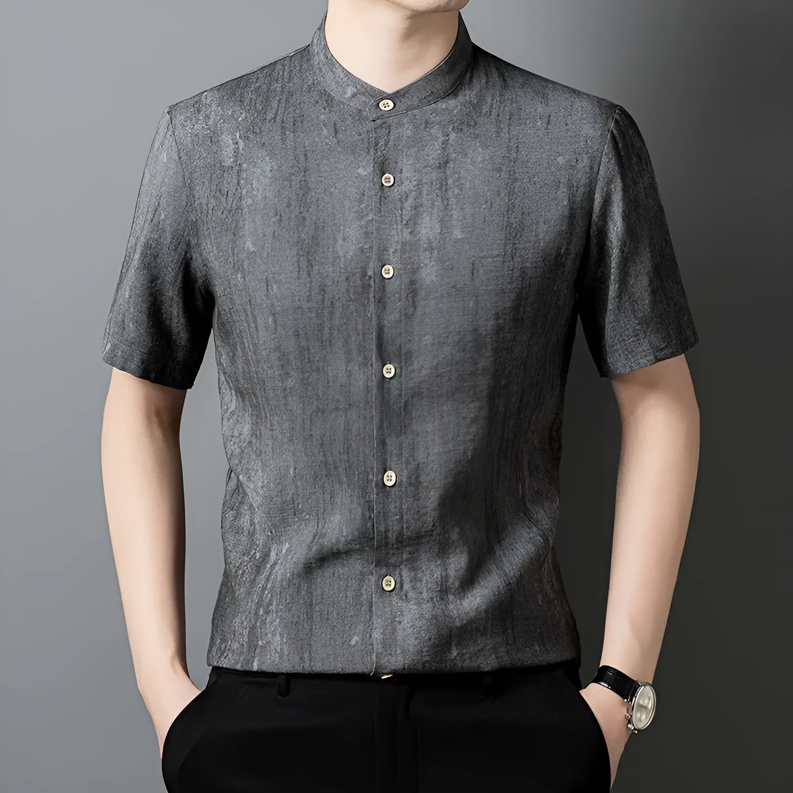 Men's loose-fit linen-look cardigan-style shirt in a viscose blend, shown in black and grey.
