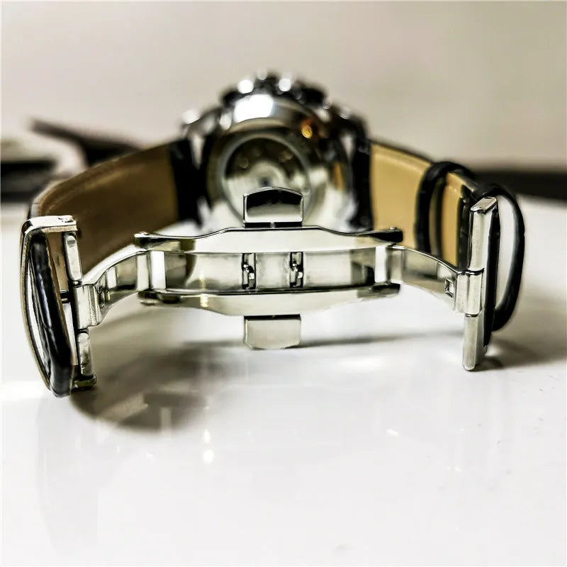 Men's automatic mechanical watch with a slim 12mm case shown in multiple colour variants.