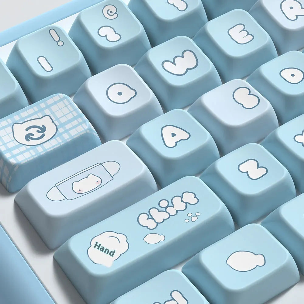 Watercolour kitten design custom keycaps for mechanical keyboards, PTB material, 138-key and 158-key set options.