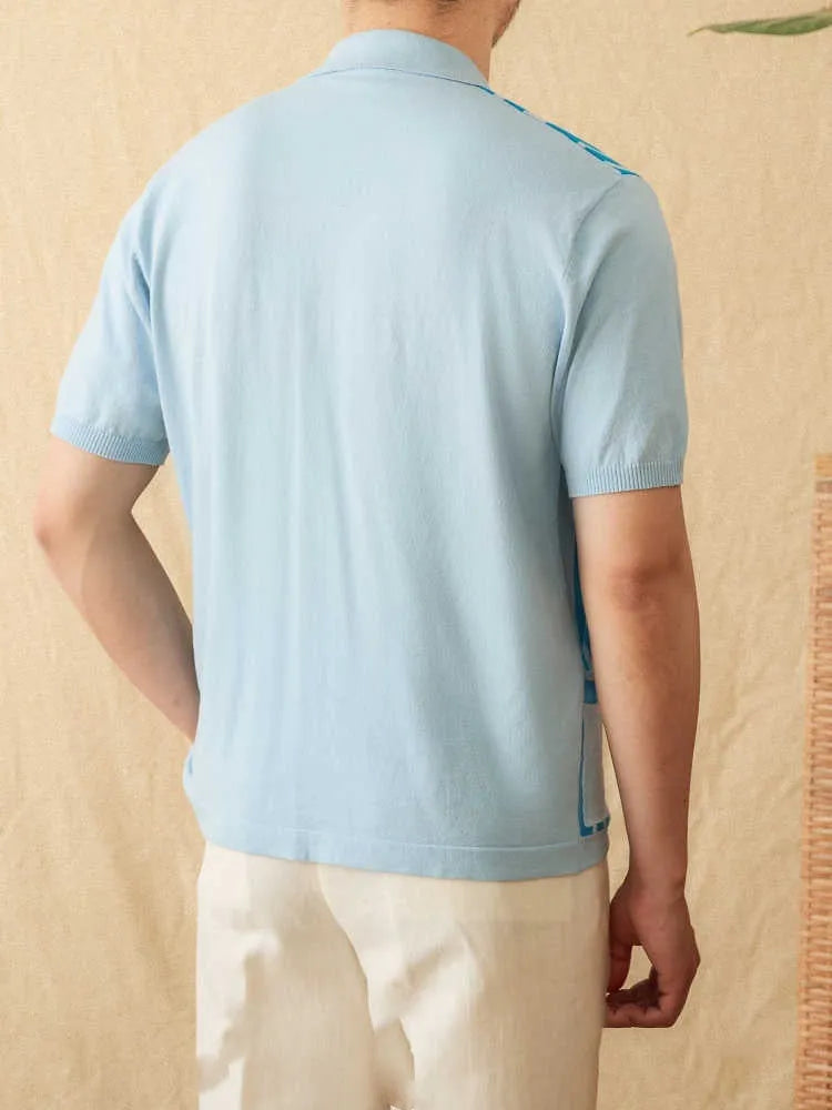 A thin, short-sleeved striped cardigan polo shirt with a lapel collar in a light blue colour.