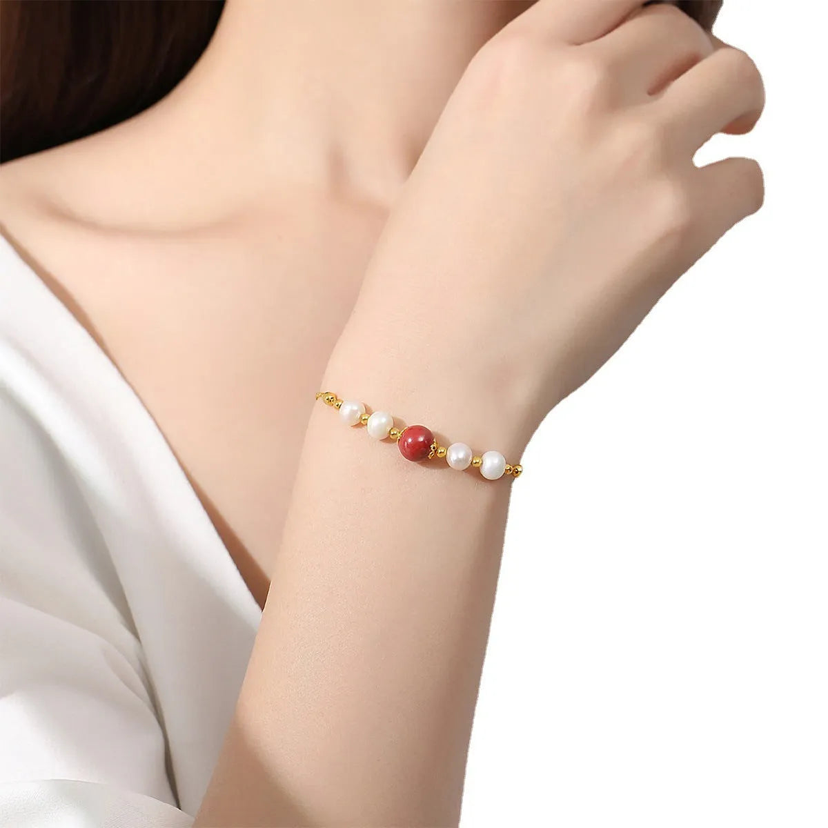 Yellow retro bracelet with red bean pearls and cinnabar on 925 silver for women