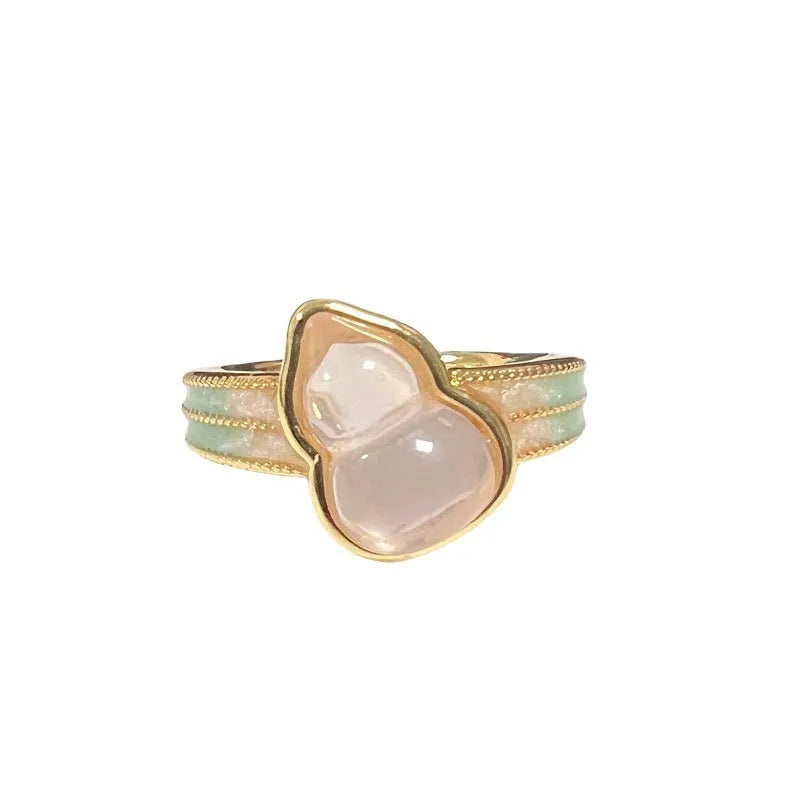 Adjustable vintage oil-dripping gourd ring in copper with inlaid zircon stones, New Chinese style.