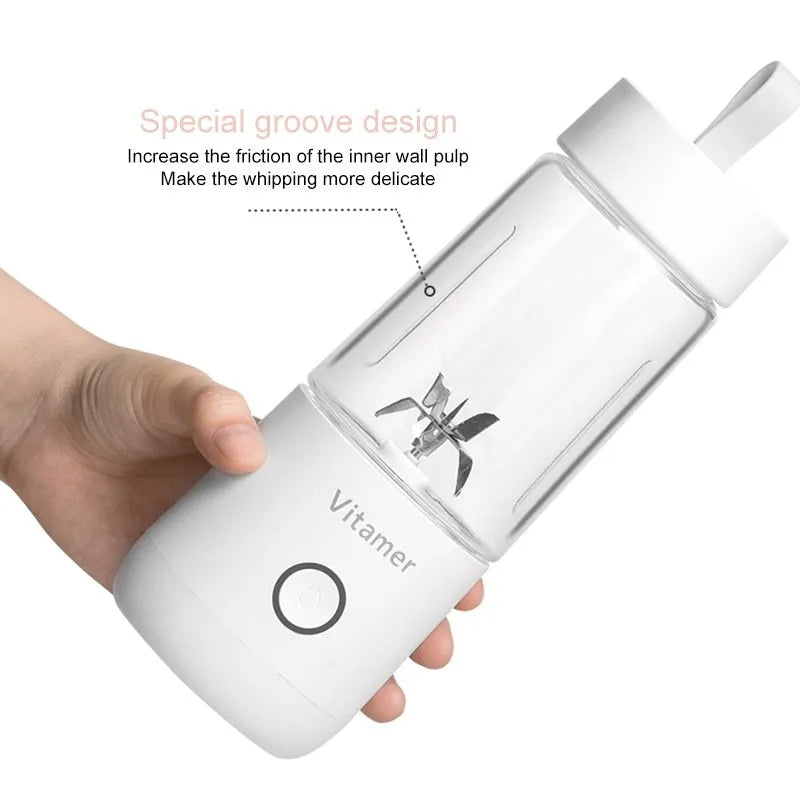 White portable USB rechargeable blender juicer with 350ml Tritan cup and silicone carry handle