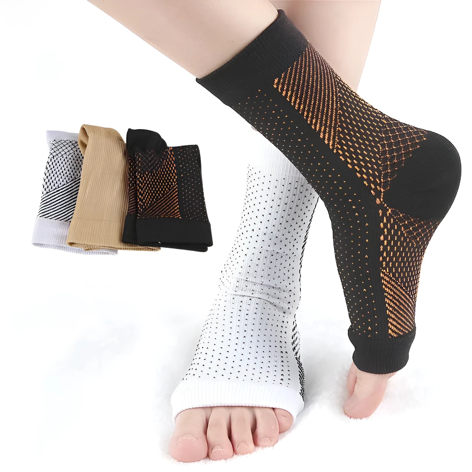 Korean-style compression sports socks in white, black, skin colour, and copper with invisible heel design