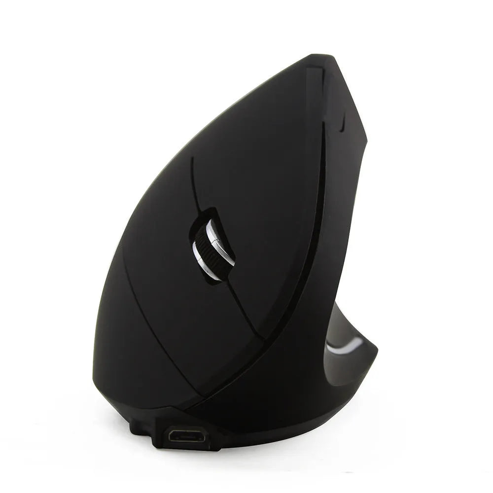 Wired black optical mouse with ergonomic handheld shape, six buttons, four-way scroll wheel, and USB cable on a desk