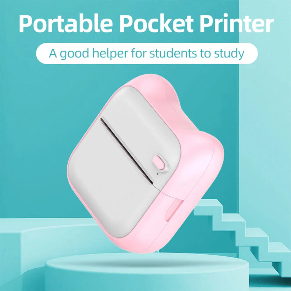 Mini pocket Bluetooth thermal printer in pink with USB charging cable