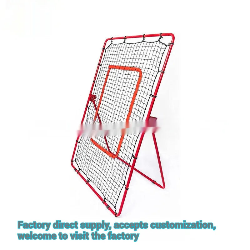 Red adjustable baseball training net with metal frame set up in a garden.