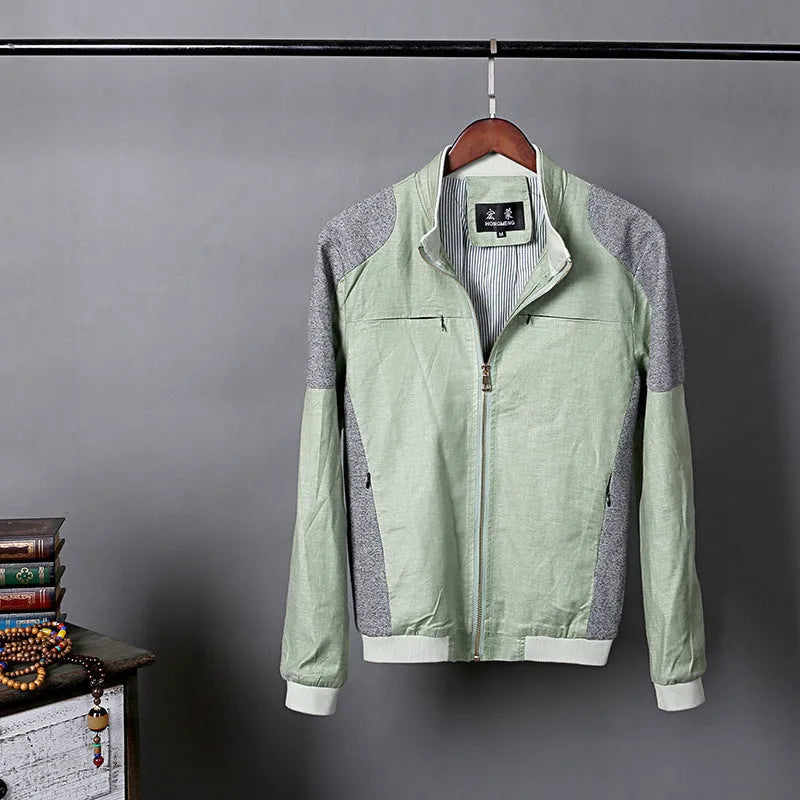 Men's thin regular-fit cotton jacket in heather grey, shown on a hanger.