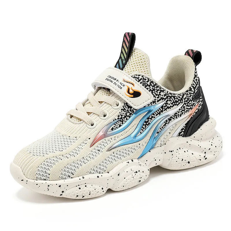 Boys sneakers with mesh textile and TPU upper in beige, black gold, or black red with rubber anti-slip soles