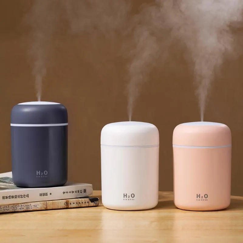 Pink USB desktop humidifier with LED lights and 300ml water tank