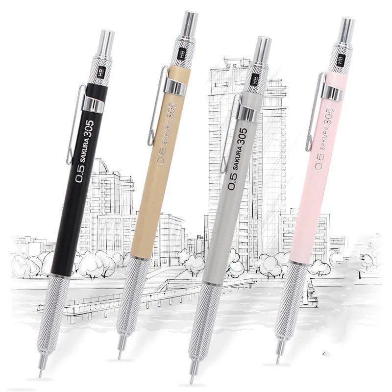 Metal mechanical pencil in gold, silver, black, or pink with 142mm length and 0.5mm or 0.3mm lead size