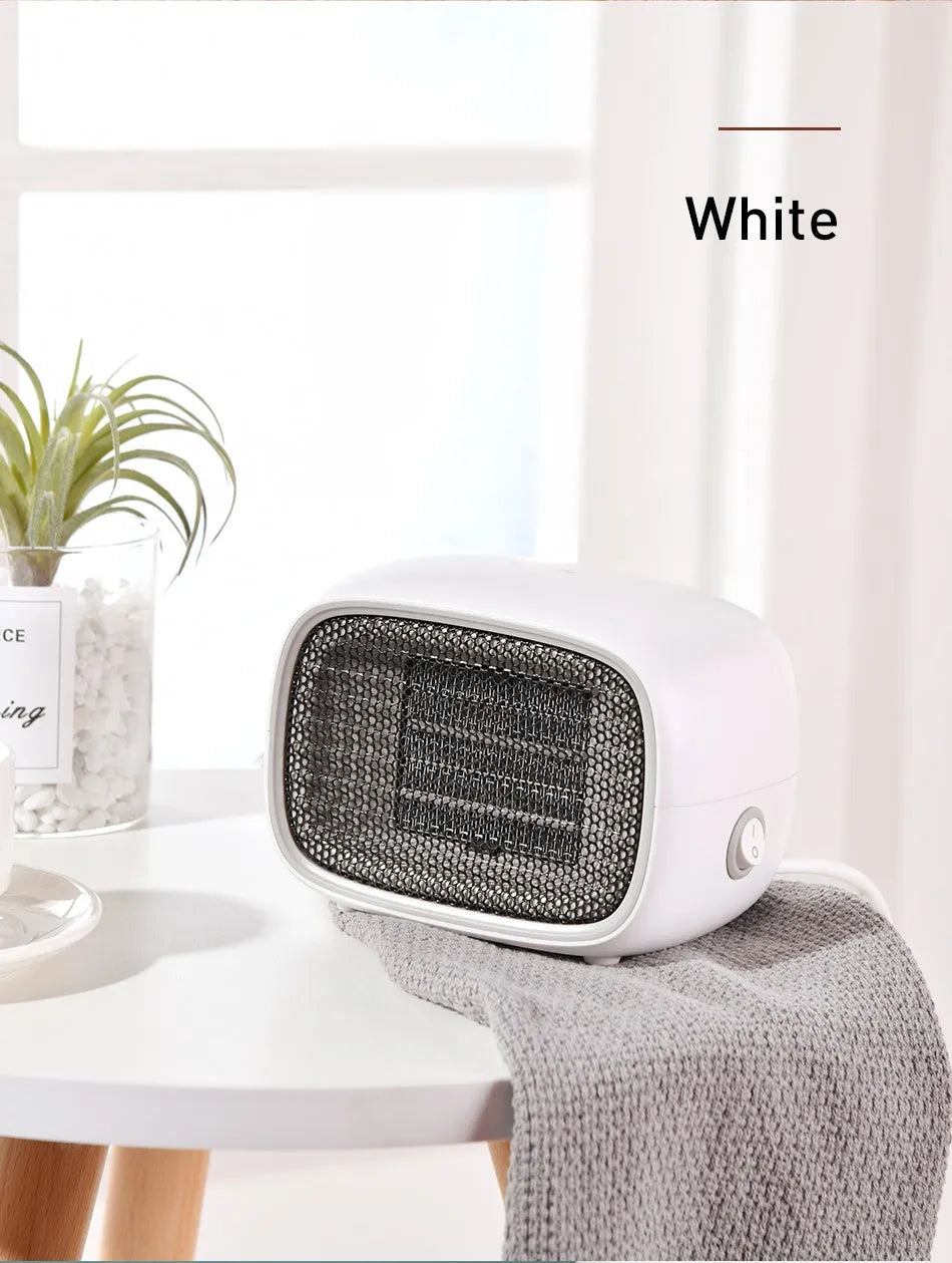 Compact green, white, or yellow mini PTC ceramic electric heater showing dimensions.