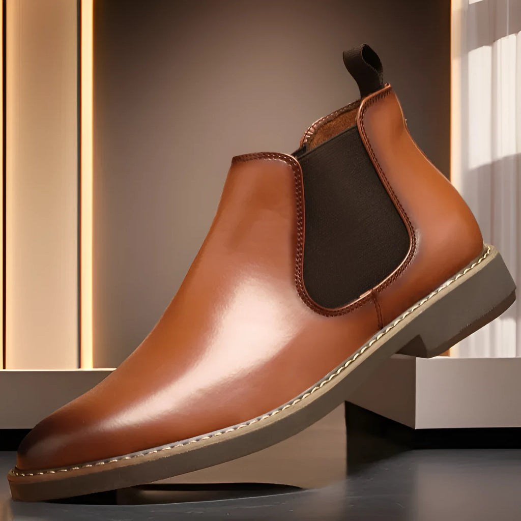 Men's British style leather boots with artificial PU upper and flat square heel in black and yellow colour options