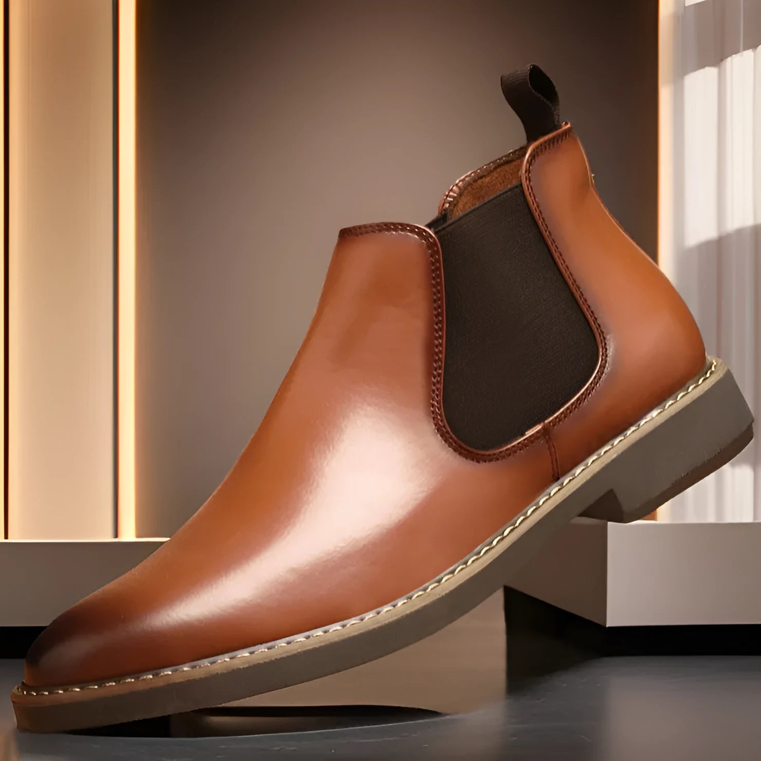Men's British style leather boots with artificial PU upper and flat square heel in black and yellow colour options