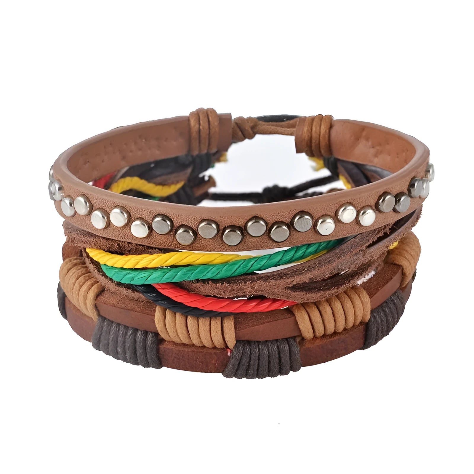 Handwoven leather bracelet with wooden beads and adjustable closure on wrist