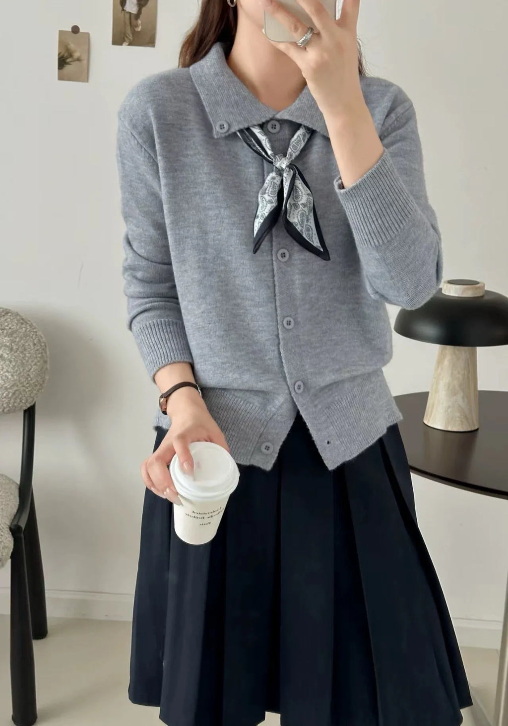 Women's beige lapel scarf cardigan sweater with long sleeves on hanger