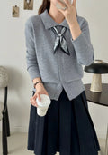 Women's beige lapel scarf cardigan sweater with long sleeves on hanger