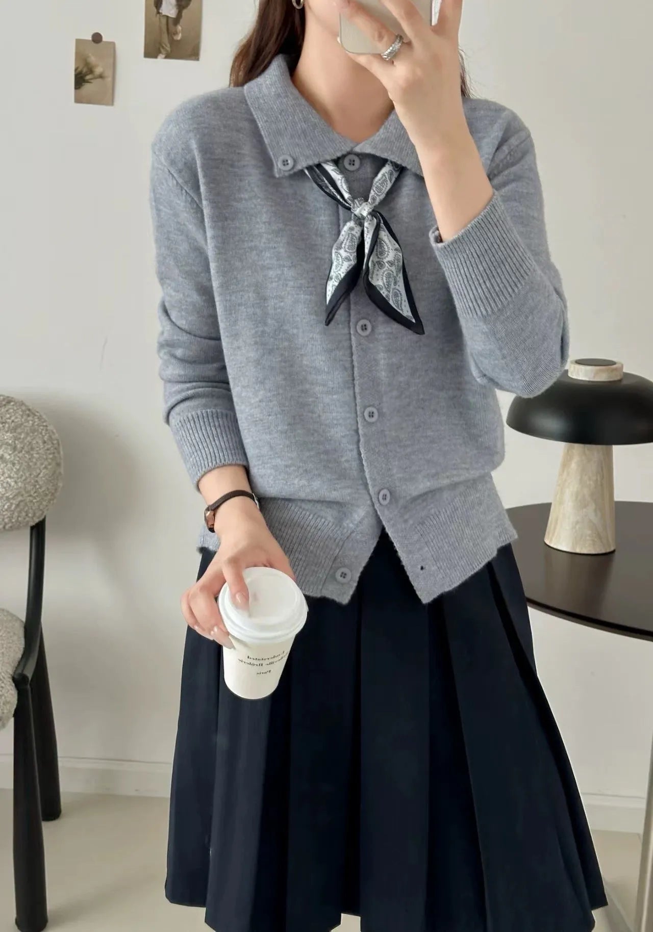 Women's beige lapel scarf cardigan sweater with long sleeves on hanger