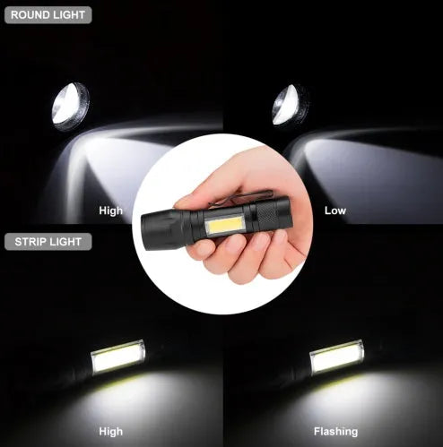 Black mini aluminium telescopic LED flashlight with clip shown extended and collapsed.