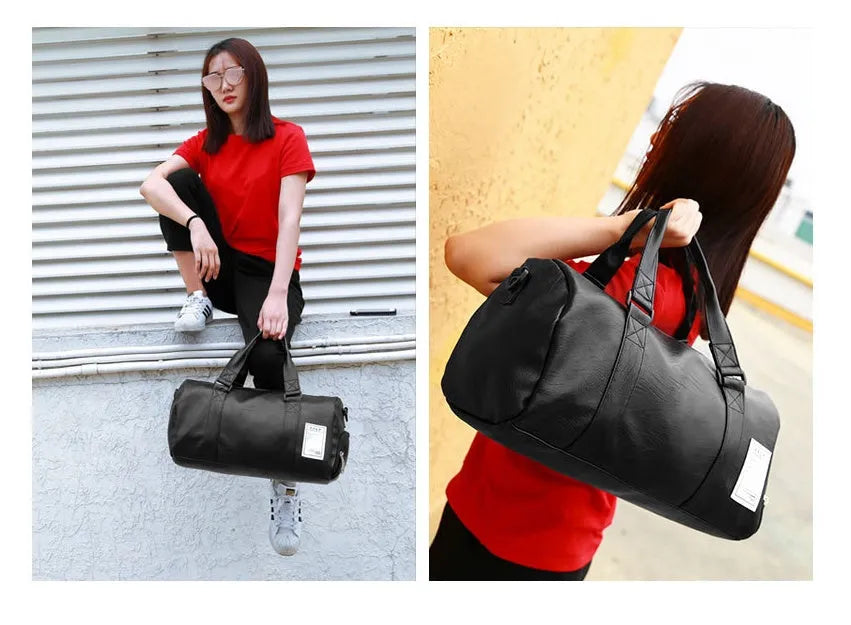 Black waterproof sports fitness bag with a separate shoe compartment, shown in two size options.