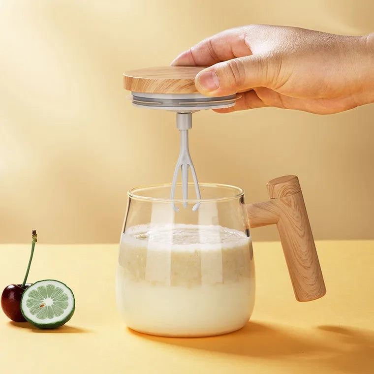Clear borosilicate glass self-stirring coffee mug with electric mixing button and 400ml capacity