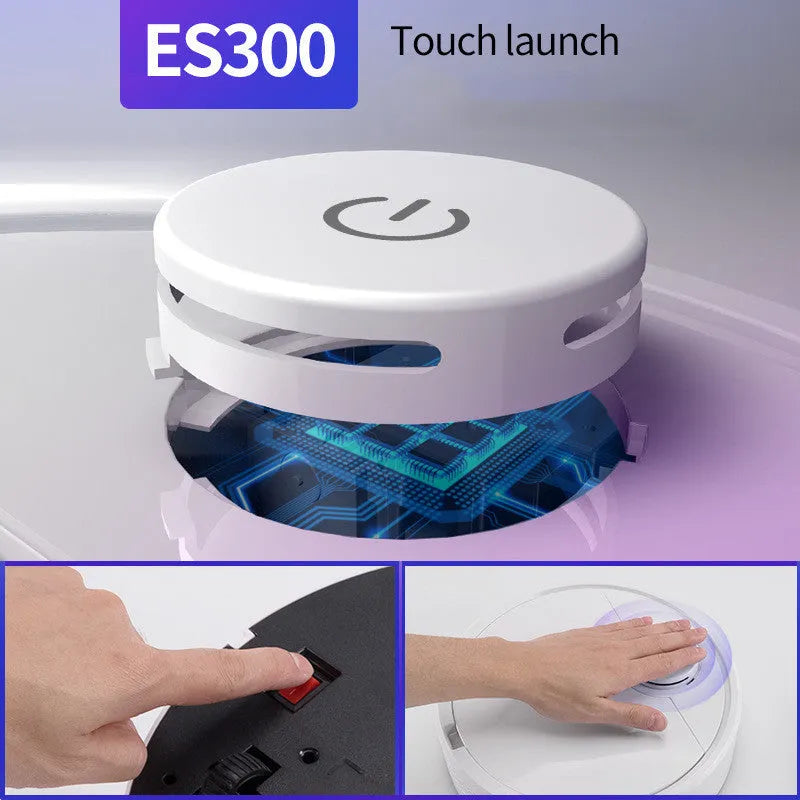 Compact automatic sweeping robot with ABS body on a hardwood floor.
