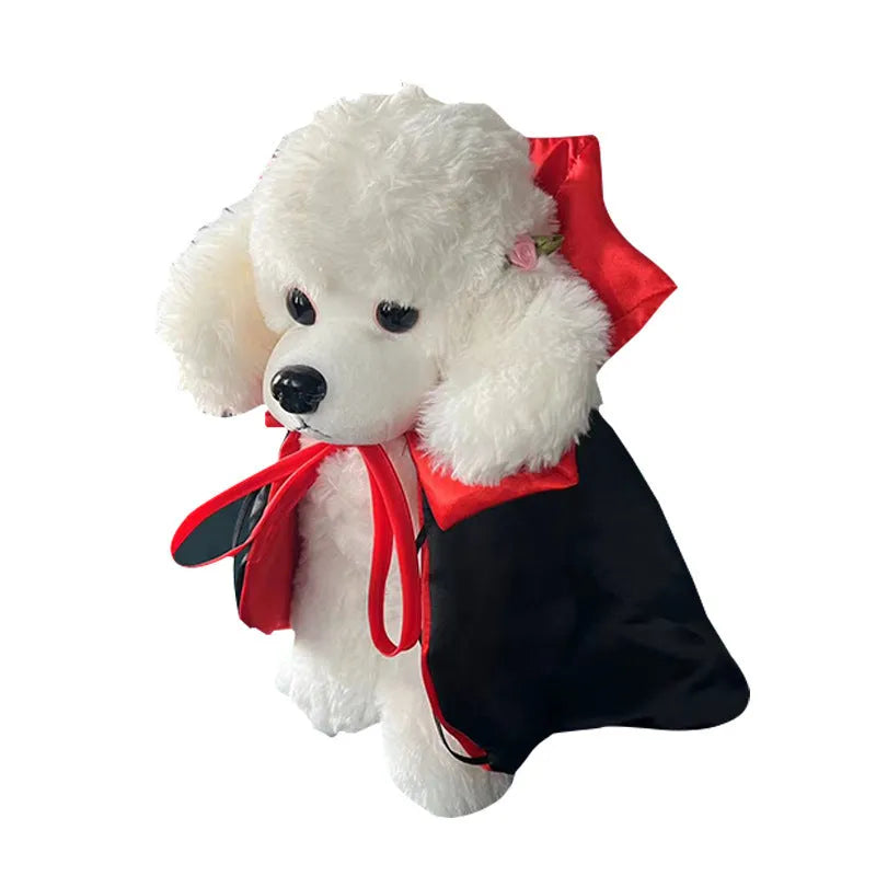 Halloween pet costume with bat cloak and devil horn hat in purple or red