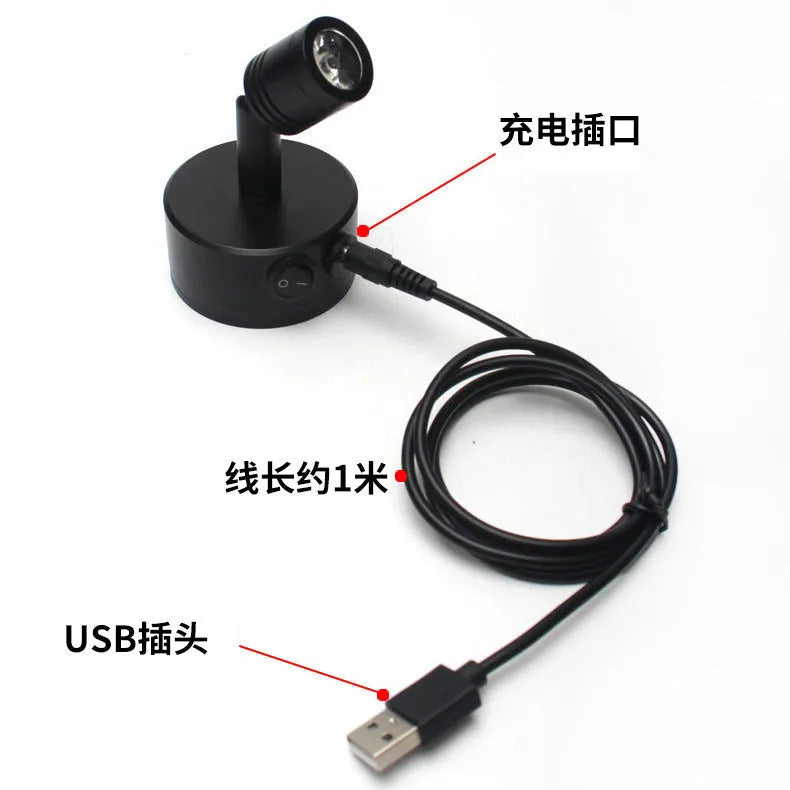 Black rechargeable LED exhibition spotlight with aluminium base and adjustable colour temperature options